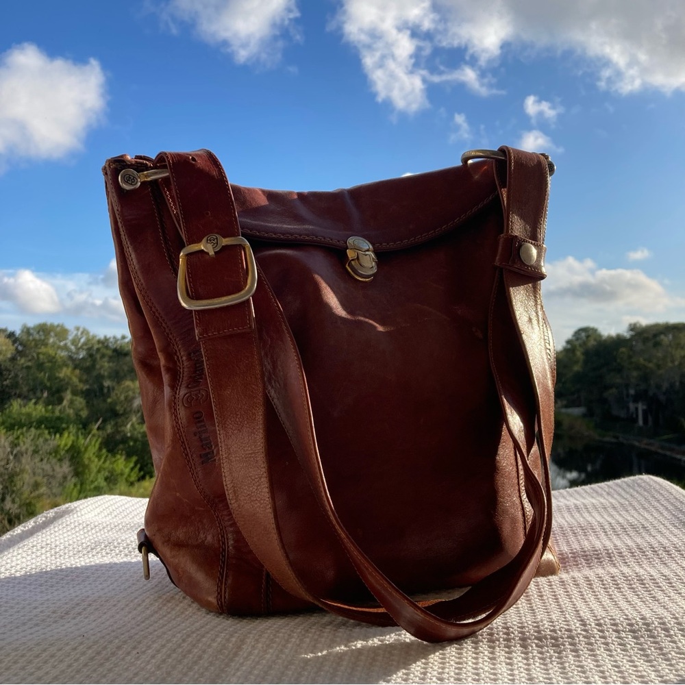 Vintage MARINO ORLANDI Italy Cognac Leather Convertible Hobo Backpack Bag GVC